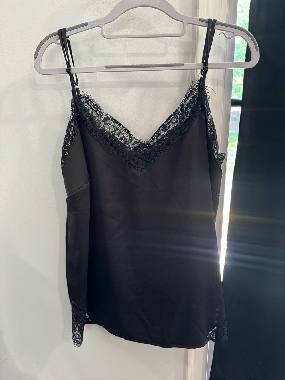 Halogen Black Satin Cami with Lace Trim